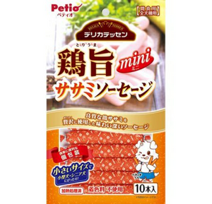 Petio 10 mini chicken sausages with a delicatessen-style chicken flavor, for dogs.