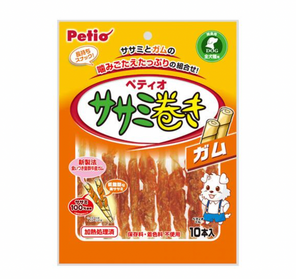 Petio Chicken Tender Chew Stick Wraps, 10 pieces, for dogs.